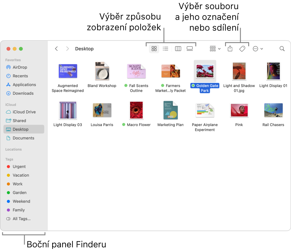 Okno Finderu s bočním panelem Finderu vlevo. Nahoře v okně jsou vidět čtyři tlačítka, jejichž popisky se mění podle způsobu zobrazení položek v okně, a také další tlačítka pro uspořádání a sdílení položek