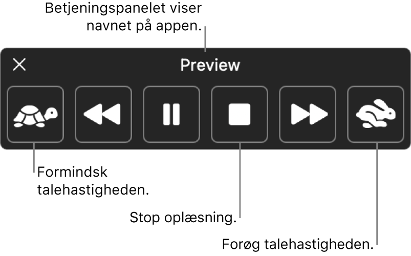 Betjeningspanelet på skærmen, der kan blive vist, når din Mac læser valgt tekst op. Betjeningspanelet har seks knapper, der fra venstre mod højre giver dig mulighed for at sænke talehastigheden, hoppe en sætning tilbage, afspille oplæsningen eller sætte den på pause, stoppe oplæsningen, hoppe en sætning frem og øge talehastigheden. Øverst i betjeningspanelet vises navnet på appen.