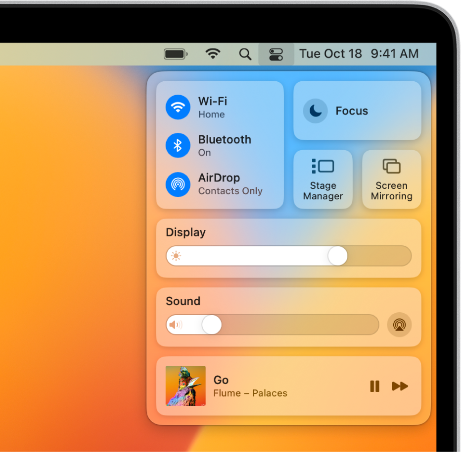 Control Centre in the top-right corner of the Mac screen, showing controls for Wi-Fi, Focus and Stage Manager, among others.