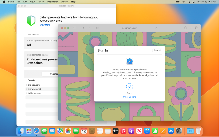 A Mac desktop showing two open windows — a Safari Privacy Report and a Safari window showing a Sign In dialog that asks if the user wants to save a passkey.
