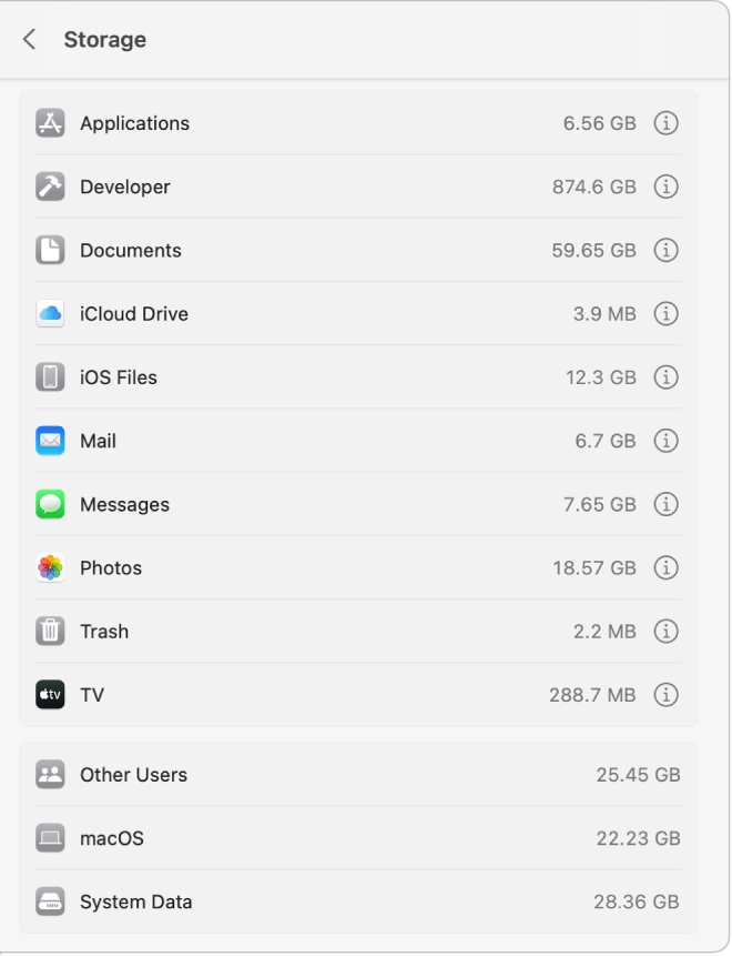 Storage categories that can be selected to see how much space is being used, to find files, and to delete files you no longer need.