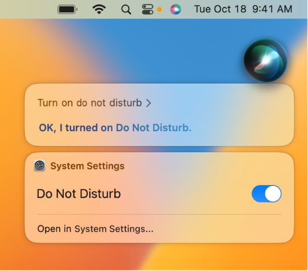 The Siri window showing a request to complete the task, “Turn on do not disturb.”