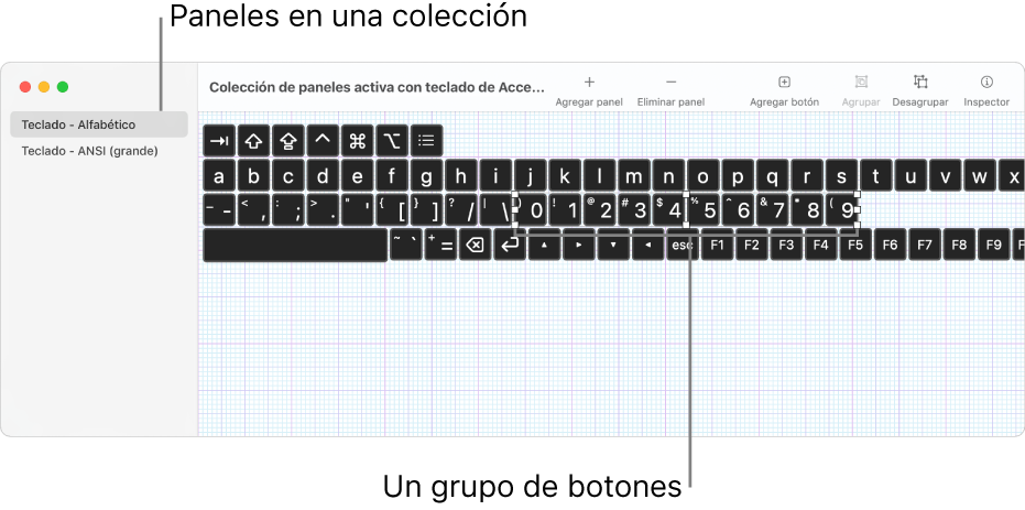 Una porción de una ventana de colecciones de paneles activa que muestra una lista de paneles de teclas a la izquierda y, a la derecha, botones y grupos contenidos en un panel.