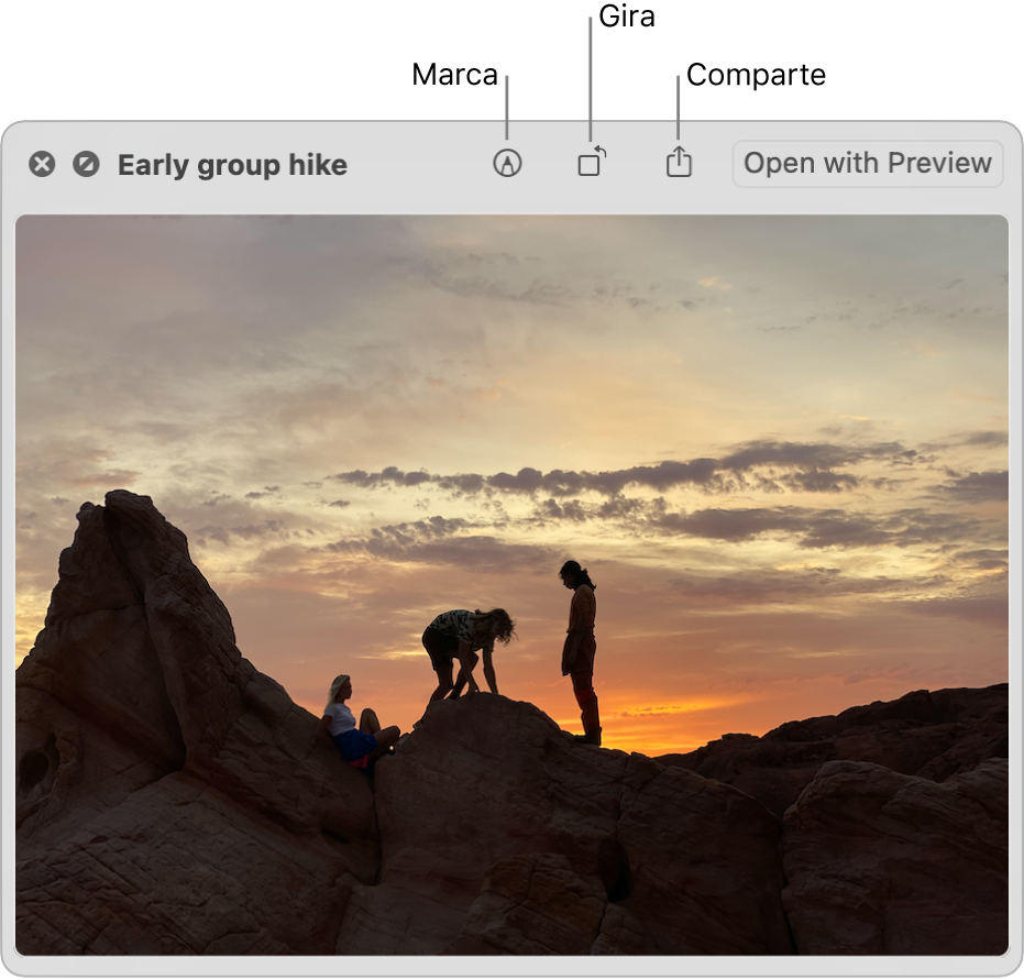 Una imagen de la ventana Vista Rápida con botones para marcar, girar o compartir la imagen, o abrirla en la app Vista Previa.