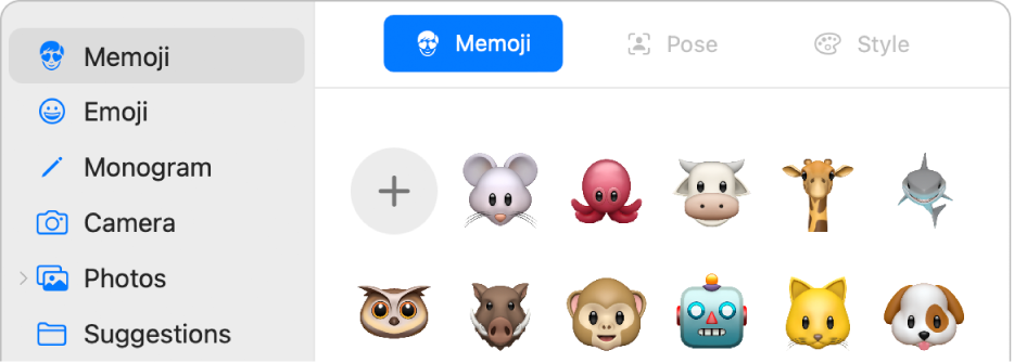 La boîte de dialogue de la photo de votre identifiant Apple avec le Memoji choisi dans la barre latérale et plusieurs Memoji apparaissent à droite.