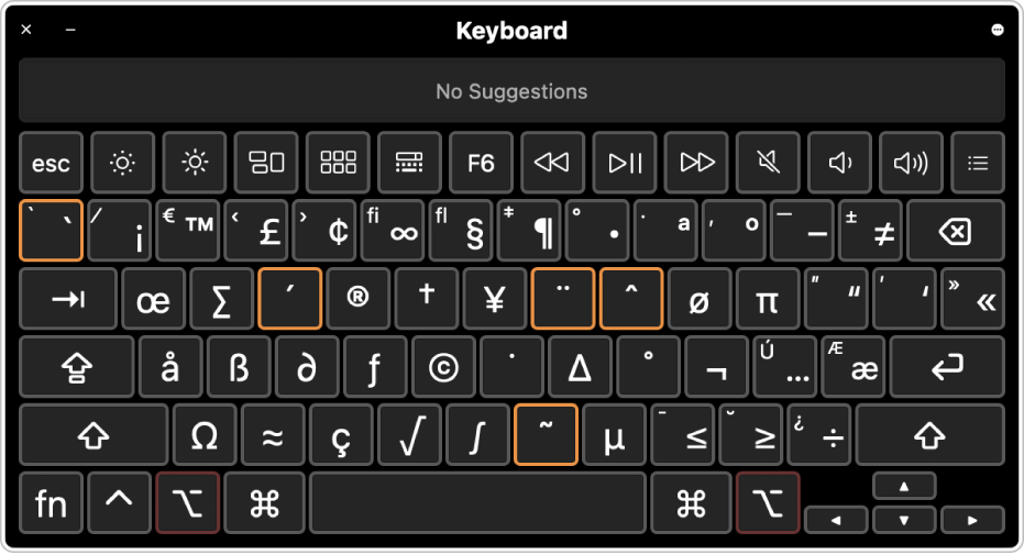 Le visualiseur de clavier présentant la disposition ABC et cinq touches mortes mises en surbrillance.