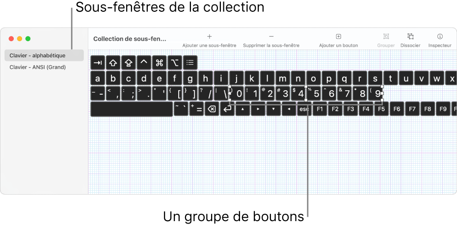 Une partie d’une fenêtre de collections de sous-fenêtres montrant une liste de sous-fenêtres de clavier à gauche, et à droite les boutons et les groupes contenus dans une sous-fenêtre.