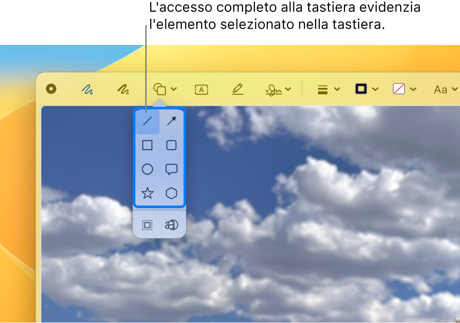 La finestra “Visualizzazione rapida” con la barra degli strumenti Modifica visibile. Lo strumento Forme è espanso per mostrare le opzioni. “Accesso completo da tastiera” ha aggiunto un bordo allo strumento su cui è focalizzata l'attenzione e sul gruppo che lo contiene.