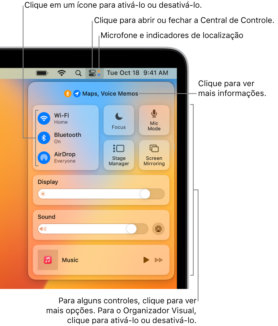 A Central de Controle na parte superior direita da tela, mostrando controles de Wi-Fi, Foco, Som e Reproduzindo, entre outros.