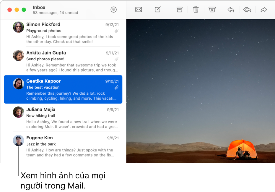 Cửa sổ Mail đang hiển thị danh sách thư với hình ảnh của người gửi bên cạnh tên của họ.