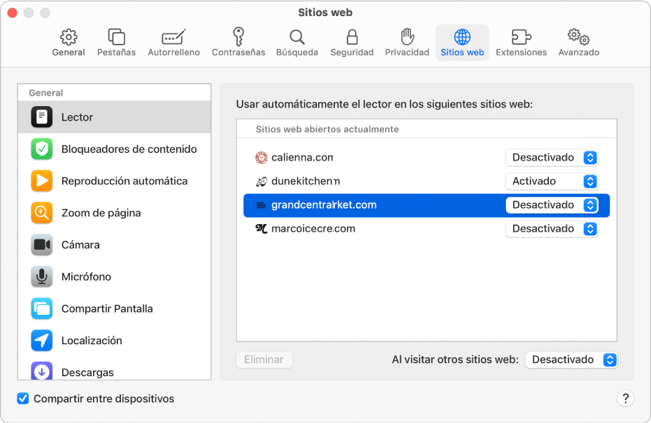 Una ventana que muestra las preferencias de Safari para los sitios web, con la opción “Compartir entre dispositivos” seleccionada debajo de la barra lateral.