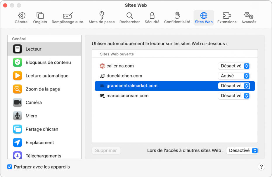 Une fenêtre affichant les préférences Safari des sites Web, avec l’option « Partager avec les appareils » sélectionnée sous la barre latérale.
