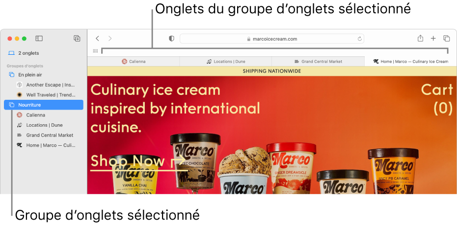 Une fenêtre Safari affichant la barre latérale avec un groupe d’onglets sélectionné.