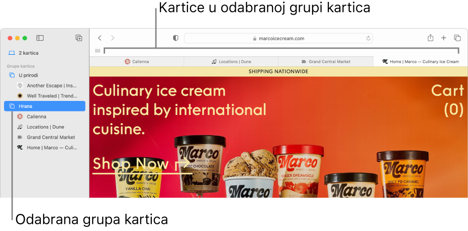 Prozor aplikacije Safari s prikazom rubnog stupca s odabranom opcijom Grupa kartica.