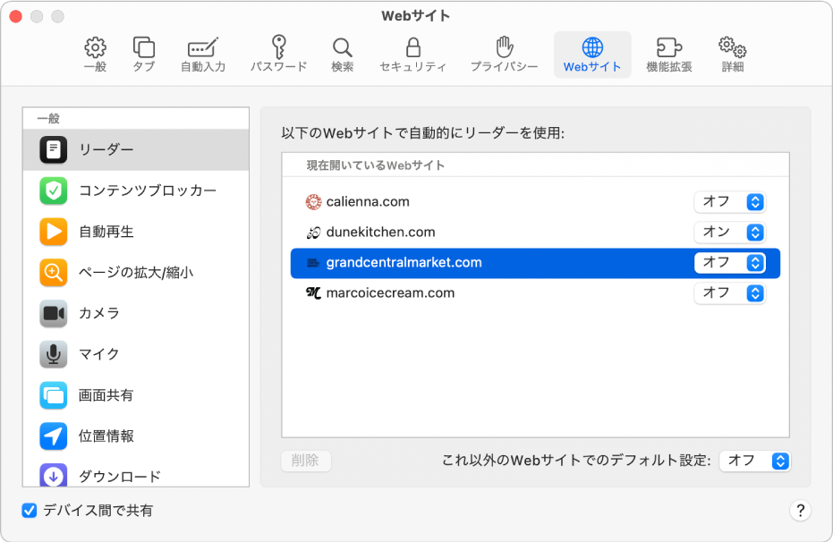 Webサイトに関するSafariの環境設定が表示されているウインドウ。サイドバーの下で「デバイス間で共有」が選択されています。