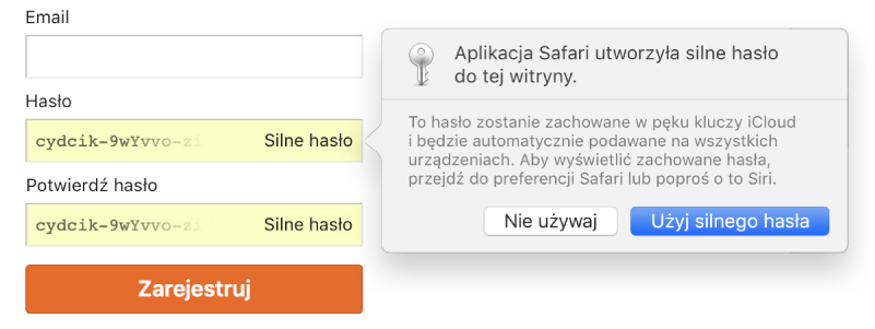 Widok strony rejestracji konta oraz automatyczne tworzenie hasła z możliwością wyboru odrzucenia go lub użycia.