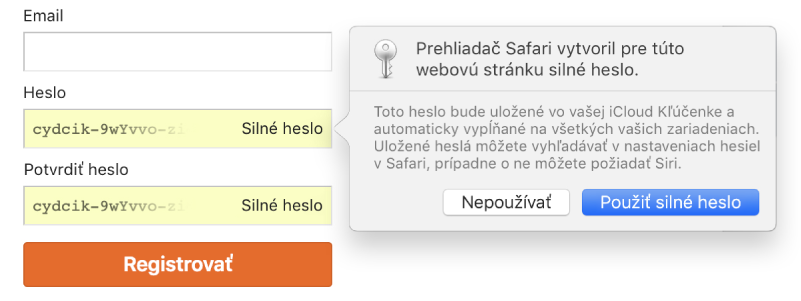 Stránka registrácie účtu, ktorá zobrazuje automaticky vytvorené heslo s možnosť ho odmietnuť alebo použiť.