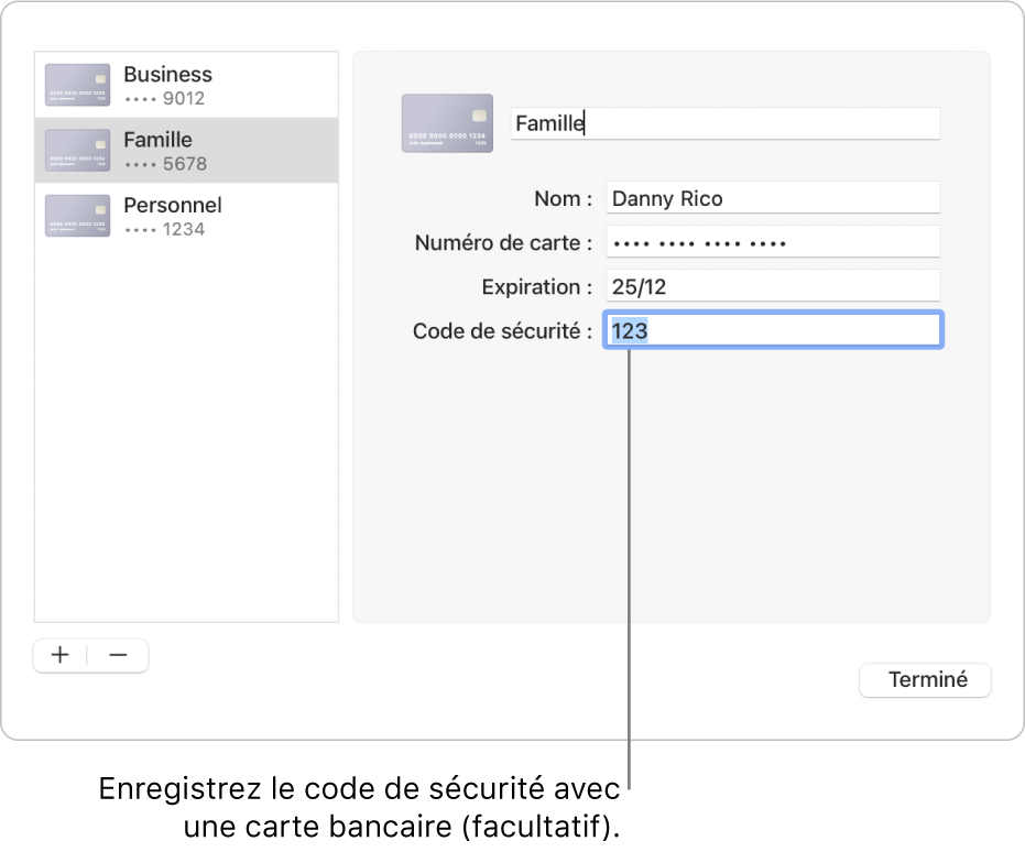 Formulaire d’une carte bancaire comportant des champs permettant de saisir le nom, le numéro de carte, la date d’expiration et le code de sécurité.