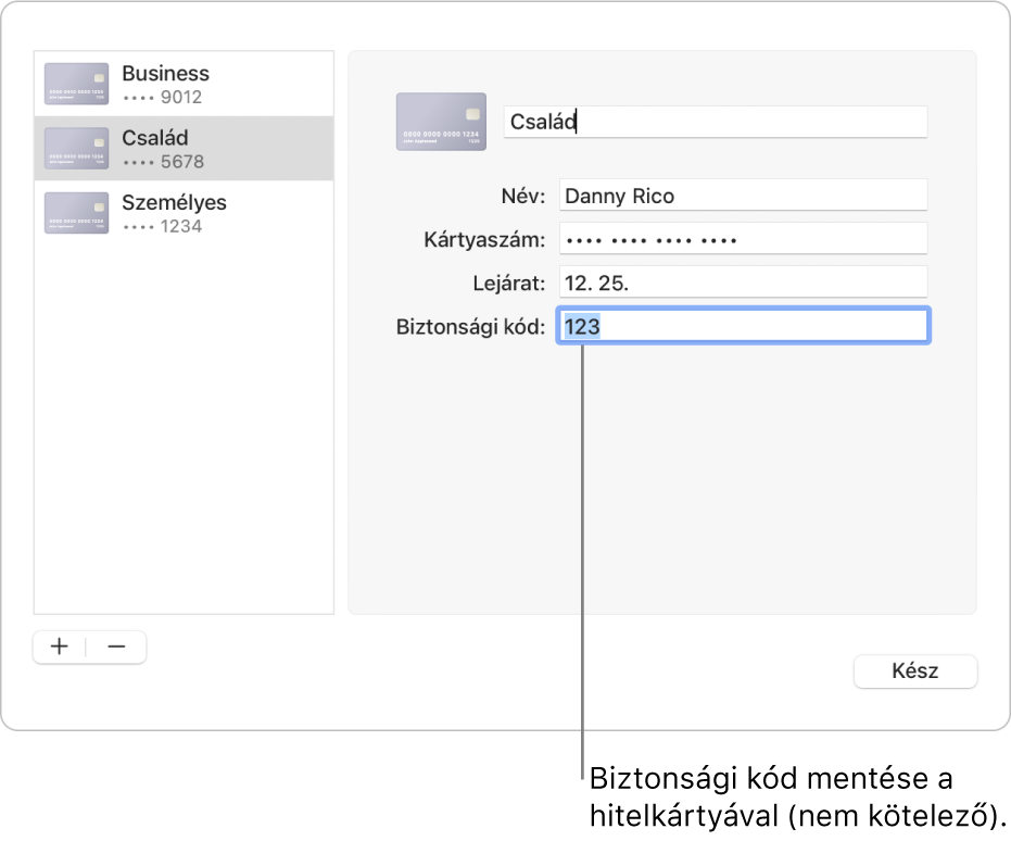 Egy hitelkártyaűrlap a név, a kártyaszám, a lejárati dátum és a biztonsági kód megadására szolgáló mezőkkel.