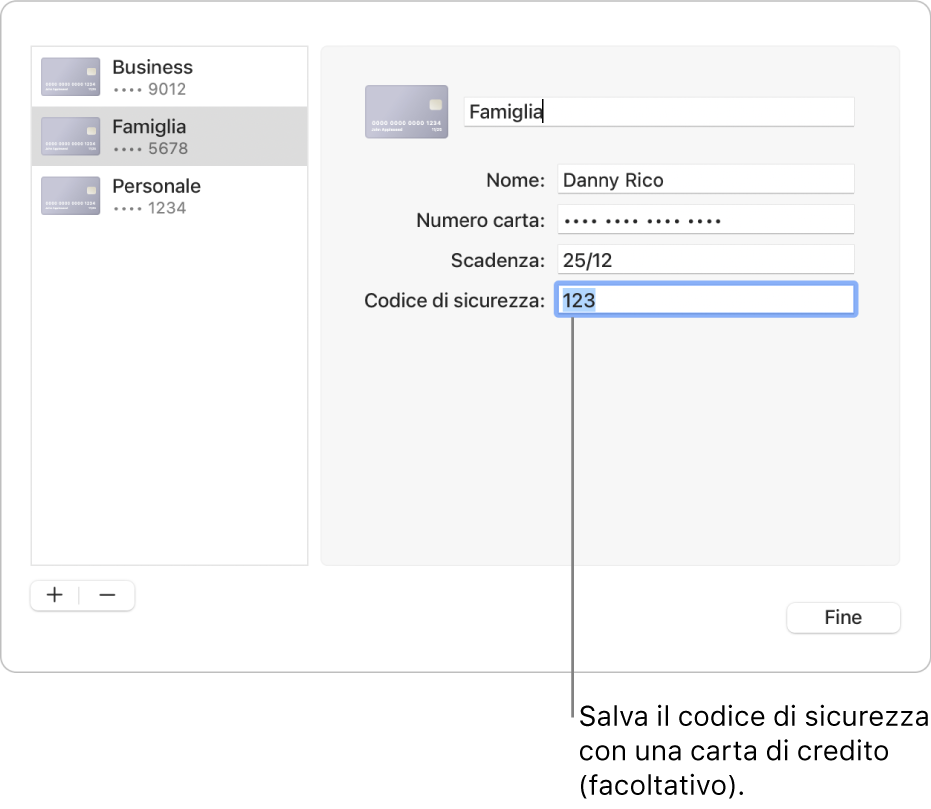 Un modulo con le informazioni della carta di credito con i campi per l'inserimento di nome, numero della carta, data di scadenza e codice di sicurezza.