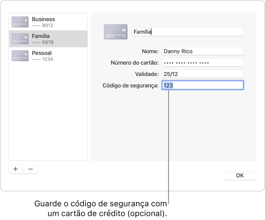 Um formulário de cartão de crédito com campos para introduzir o nome, o número do cartão, a data de validade e o código de segurança.