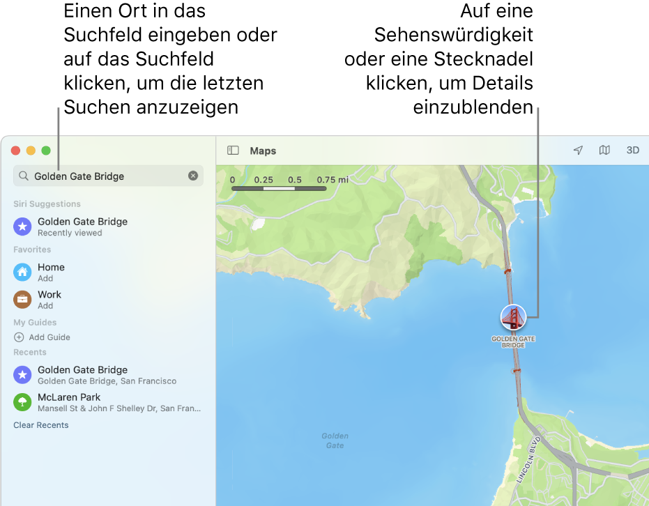 Gib einen Ort in das Suchfeld ein oder klicke auf das Suchfeld, um die letzten Suchen anzuzeigen. Klicke auf eine Sehenswürdigkeit oder eine Stecknadel, um Details einzublenden.