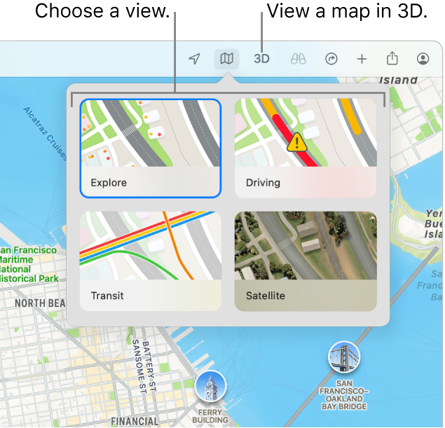 A map of San Francisco displaying map view options: Explore, Driving, Public Transport and Satellite.