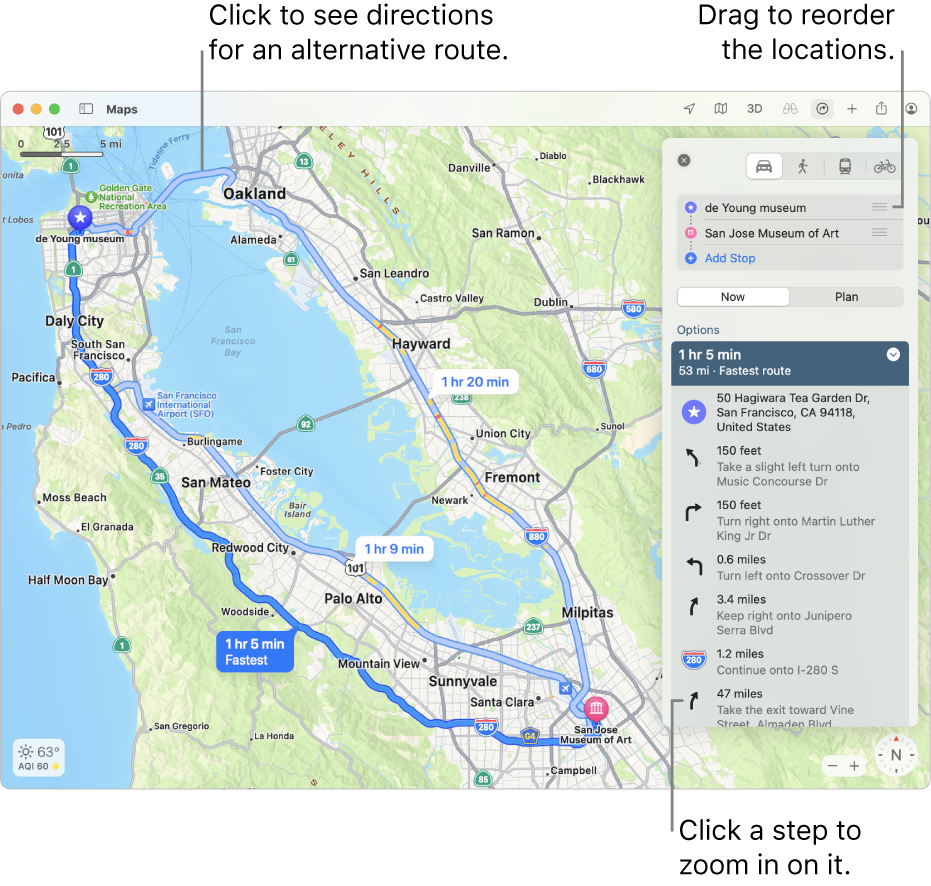 A map of San Francisco with directions for a bicycle route, including elevation and traffic.