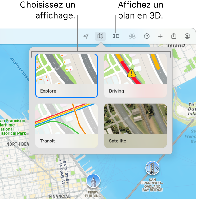 Un plan de San Francisco affichant des options d’affichage du plan : Explorer, En voiture, Transport et Satellite.