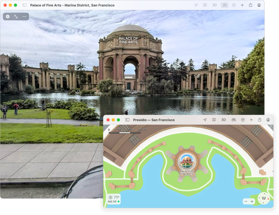 Um mapa de São Francisco, incluindo uma vista 3D interativa de uma atração local.