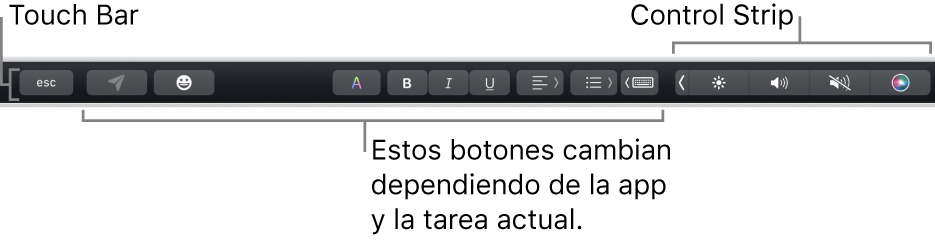 Touch Bar en la parte superior del teclado, mostrando la Control Strip contraída a la derecha y botones que varían según la app o tarea.