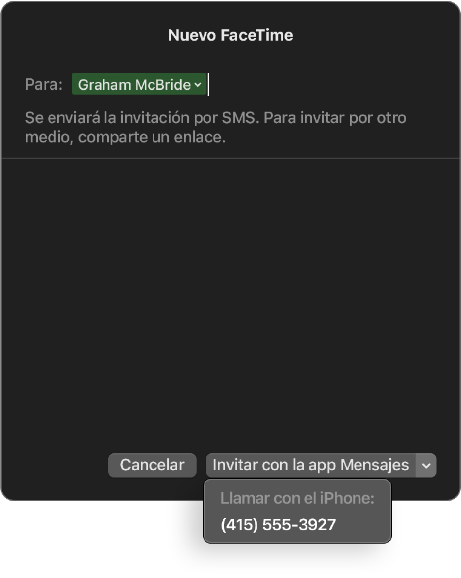 La ventana de “Nuevo FaceTime” con el nombre de una persona en el campo de destinatario. La ventana emergente que aparece en la parte inferior dice que puedes invitar a personas con Mensajes (enviar un SMS) o llamar con el iPhone.