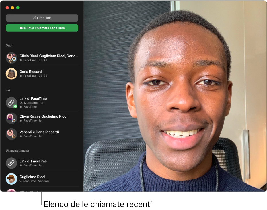 Una finestra di FaceTime che mostra l'elenco dei chiamanti recenti a sinistra.