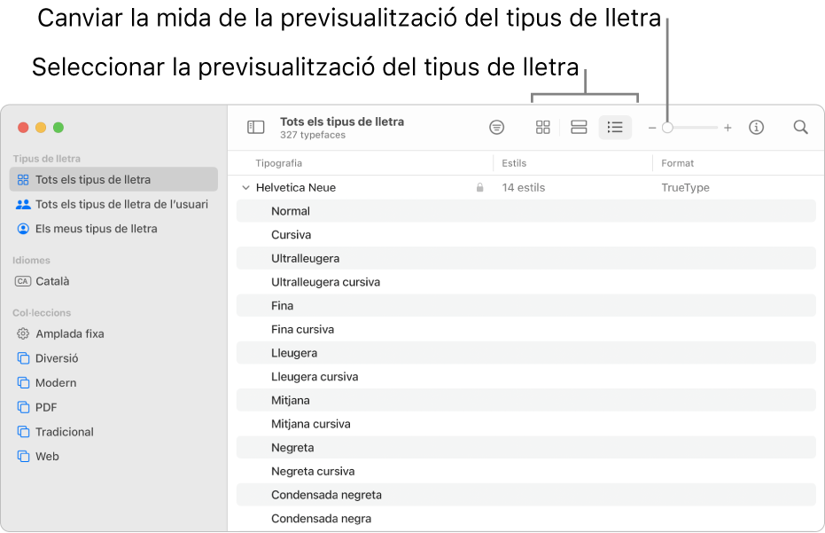 Finestra Catàleg Tipogràfic amb la barra d’eines, en què es mostren botons per seleccionar com es previsualitzaran els tipus de lletra i un regulador vertical per canviar la mida de les previsualitzacions.