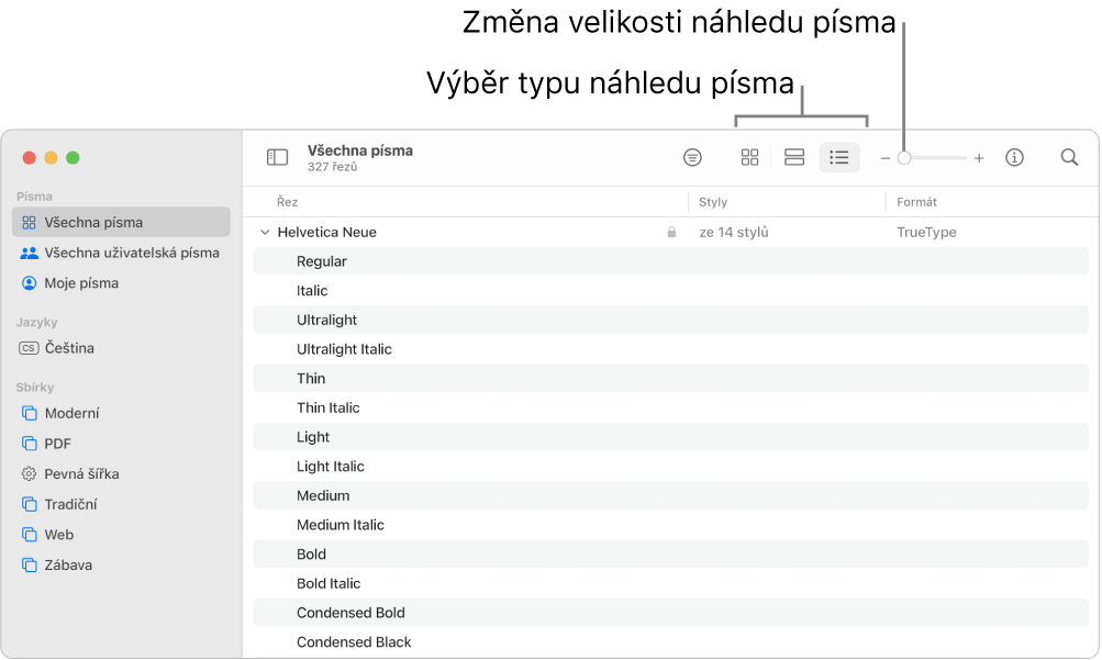 Okno Kniha písem s panelem nástrojů zobrazujícím tlačítka pro výběr typu ukázky písma a svislý jezdec pro změnu velikosti ukázky