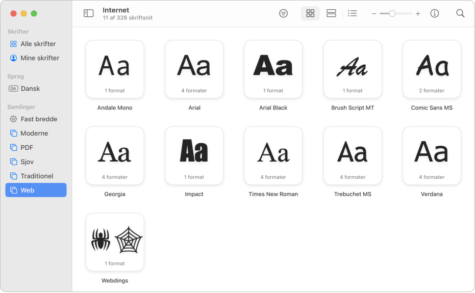 Vinduet Skriftbog viser samlingen Web, der er valgt i indholdsoversigten.