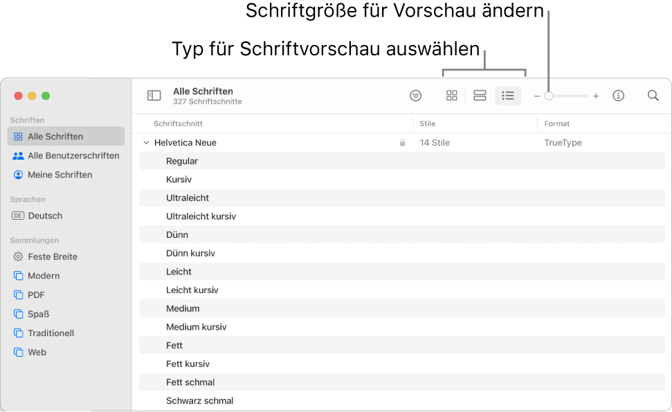 Das Fenster „Schriftsammlung“ mit Tasten in der Symbolleiste zum Auswählen der Schriftvorschau und einem vertikalen Regler zum Ändern der Vorschaugröße.