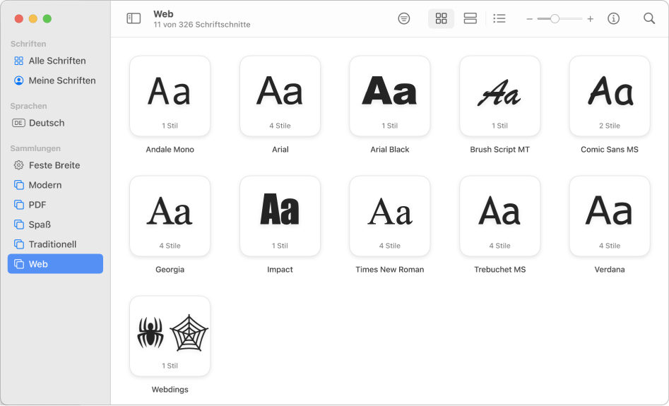 Das Fenster der App „Schriftsammlung“ zeigt die in der Seitenleiste ausgewählte Web-Sammlung.