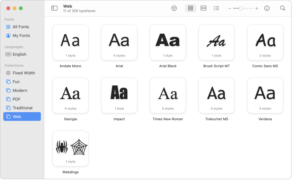 The Font Book window showing the Web collection selected in the sidebar.