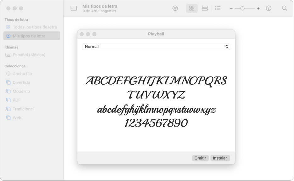 Ventana de Catálogo Tipográfico mostrando el cuadro de diálogo para instalar un tipo de letra.