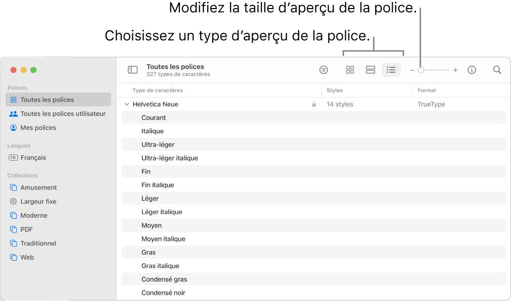La fenêtre « Livre des polices » avec la barre dʼoutils affichant des boutons pour choisir le type d’aperçu des polices et un curseur vertical pour changer la taille de l’aperçu.