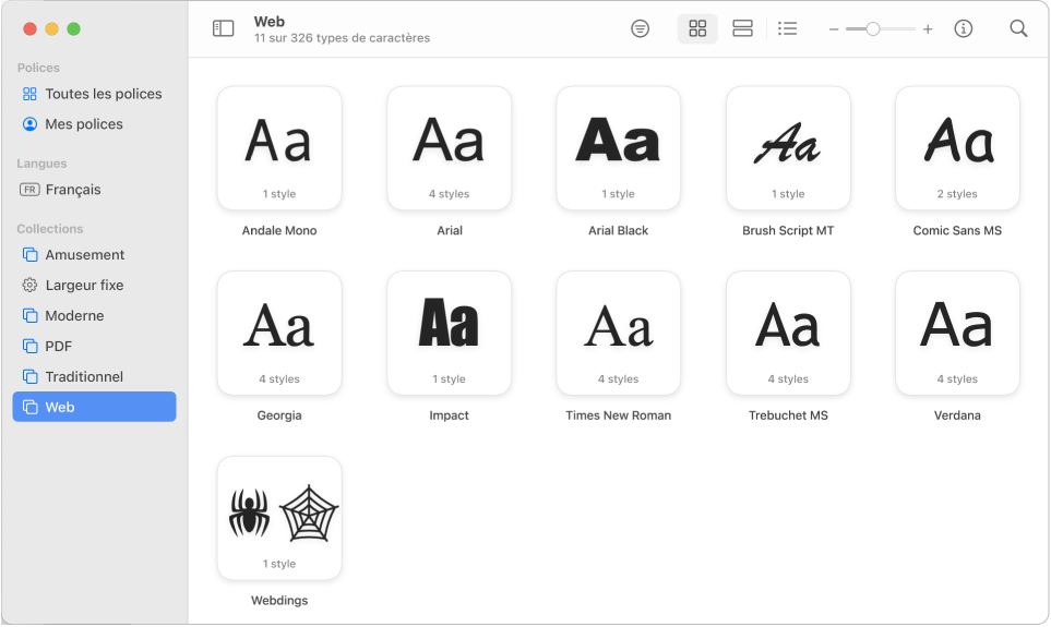 La fenêtre « Livre des polices » affichant la collection Web sélectionnée dans la barre latérale.