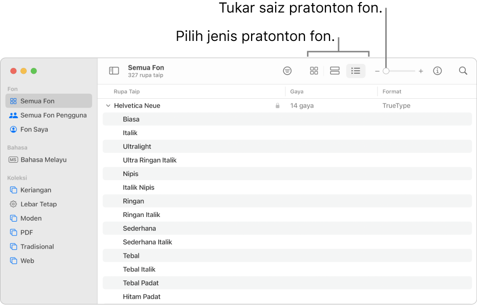 Tetingkap Buku Fon dengan bar alat menunjukkan butang untuk memilih jenis pratonton fon dan gelangsar menegak untuk menukar saiz pratonton.