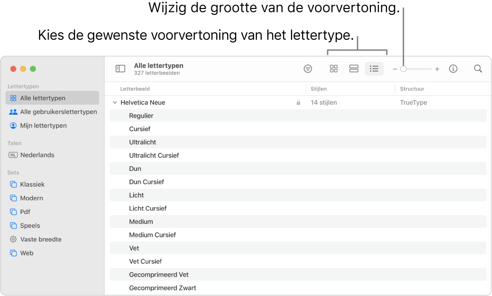 Het venster van Lettertypecatalogus met in de knoppenbalk knoppen voor het kiezen van de soort voorvertoning en een verticale schuifknop voor het wijzigen van de grootte van de voorvertoning.