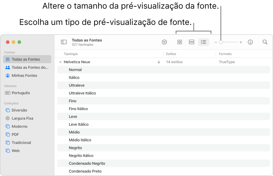 Janela do Catálogo de Fontes com a barra de ferramentas mostrando botões para escolher o tipo de pré-visualização de fonte e um controle vertical para alterar o tamanho da pré-visualização.