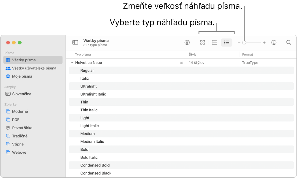 Okno Knihy písiem a panel s nástrojmi, ktorý zobrazuje tlačidlá na výber typu ukážky písma a zvislý posuvník určený na zmenu veľkosti ukážky.