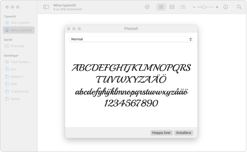 Fönstret Typsnittsbok visar dialogen för installation av typsnitt.