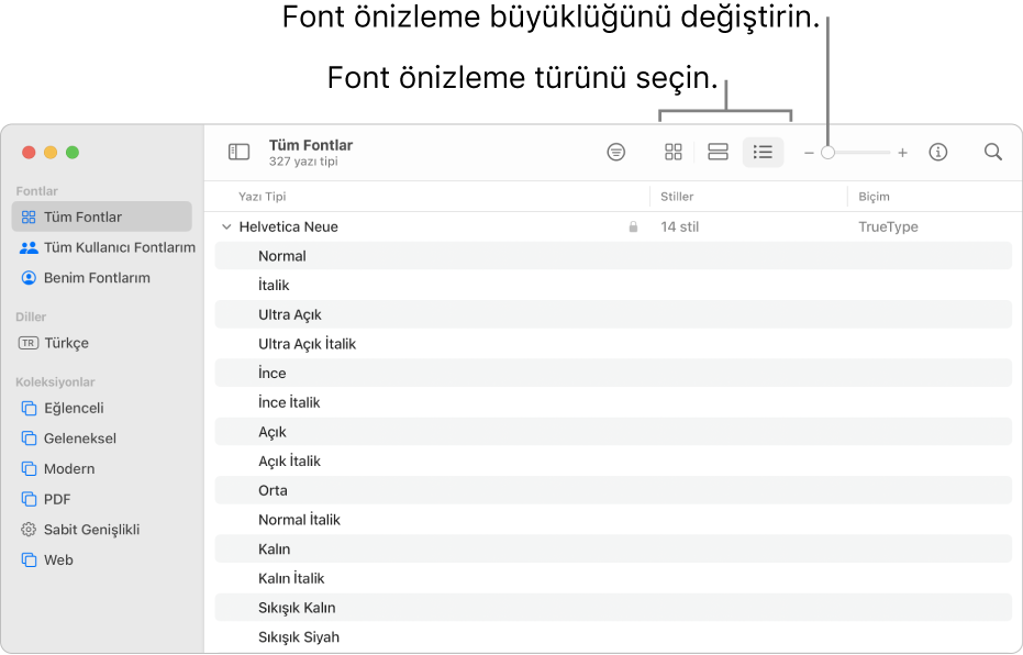 Font önizleme türünü seçme düğmelerini gösteren araç çubuğu ve önizleme büyüklüğünü değiştirmek için düşey bir sürgüyle Font İzlencesi penceresi.