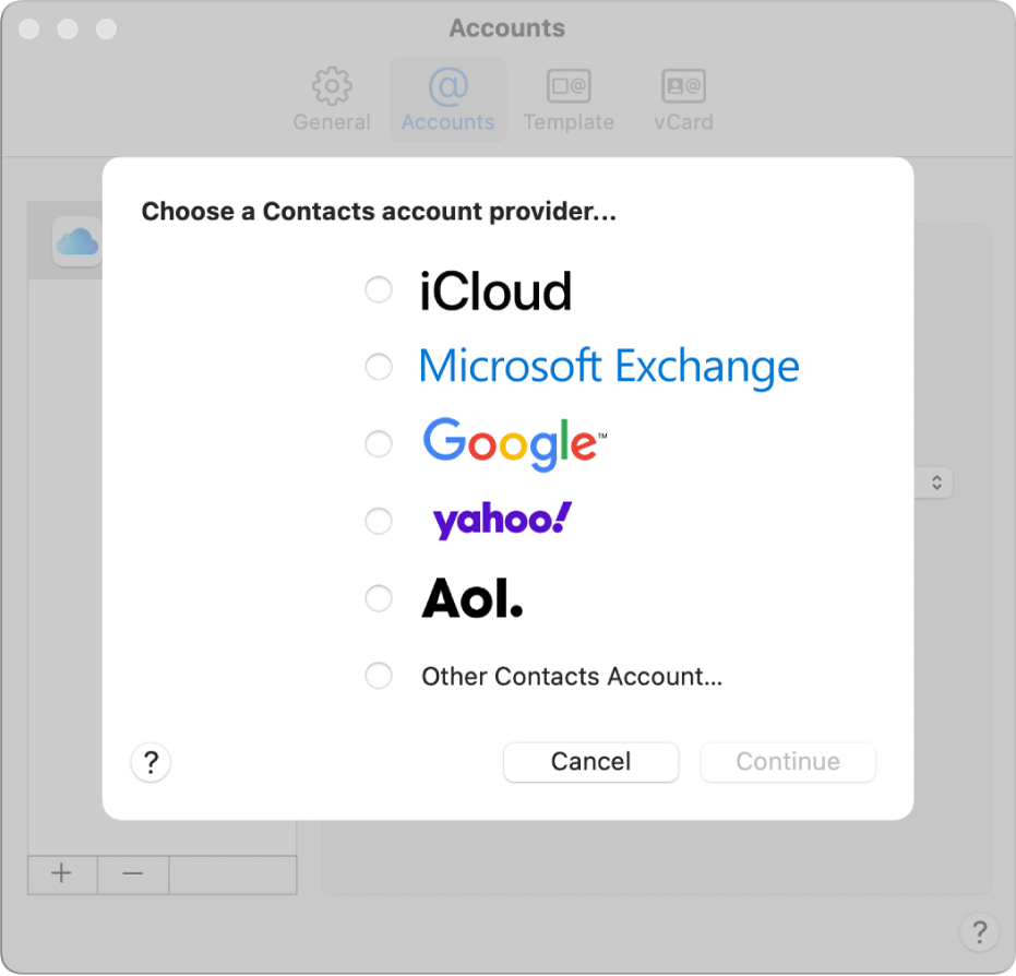 The window for adding internet accounts to the Contacts app.