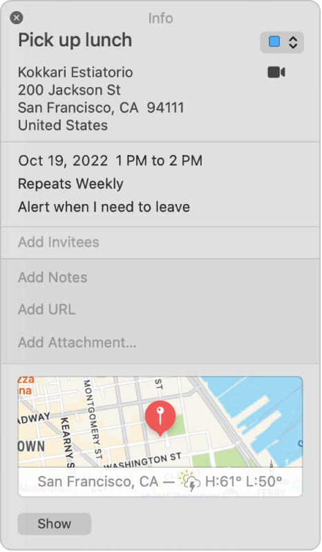 نافذة معلومات حدث في التقويم. تظهر تفاصيل الحدث، بما في ذلك اسم الموقع والعنوان وخريطة صغيرة.